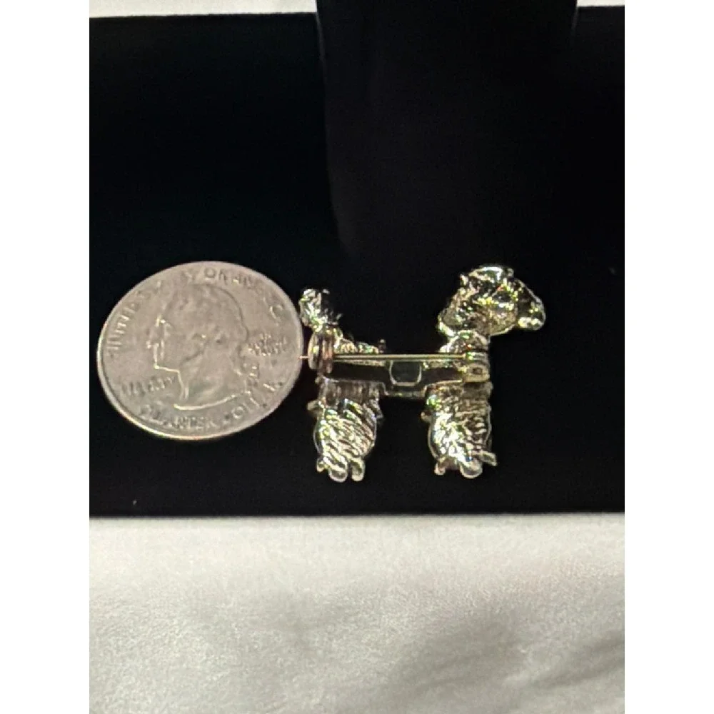 Vintage Poodle Brooch Silver Tone Mother of Pearl Shell Red Rhinestone Eye Pin